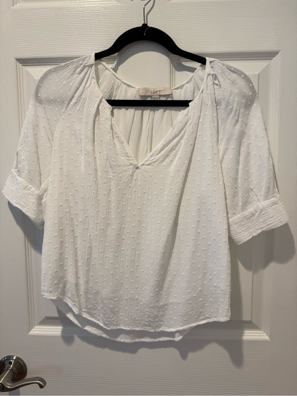 LOFT White Swiss-Dot V-Neck Button Sleeve Blouse